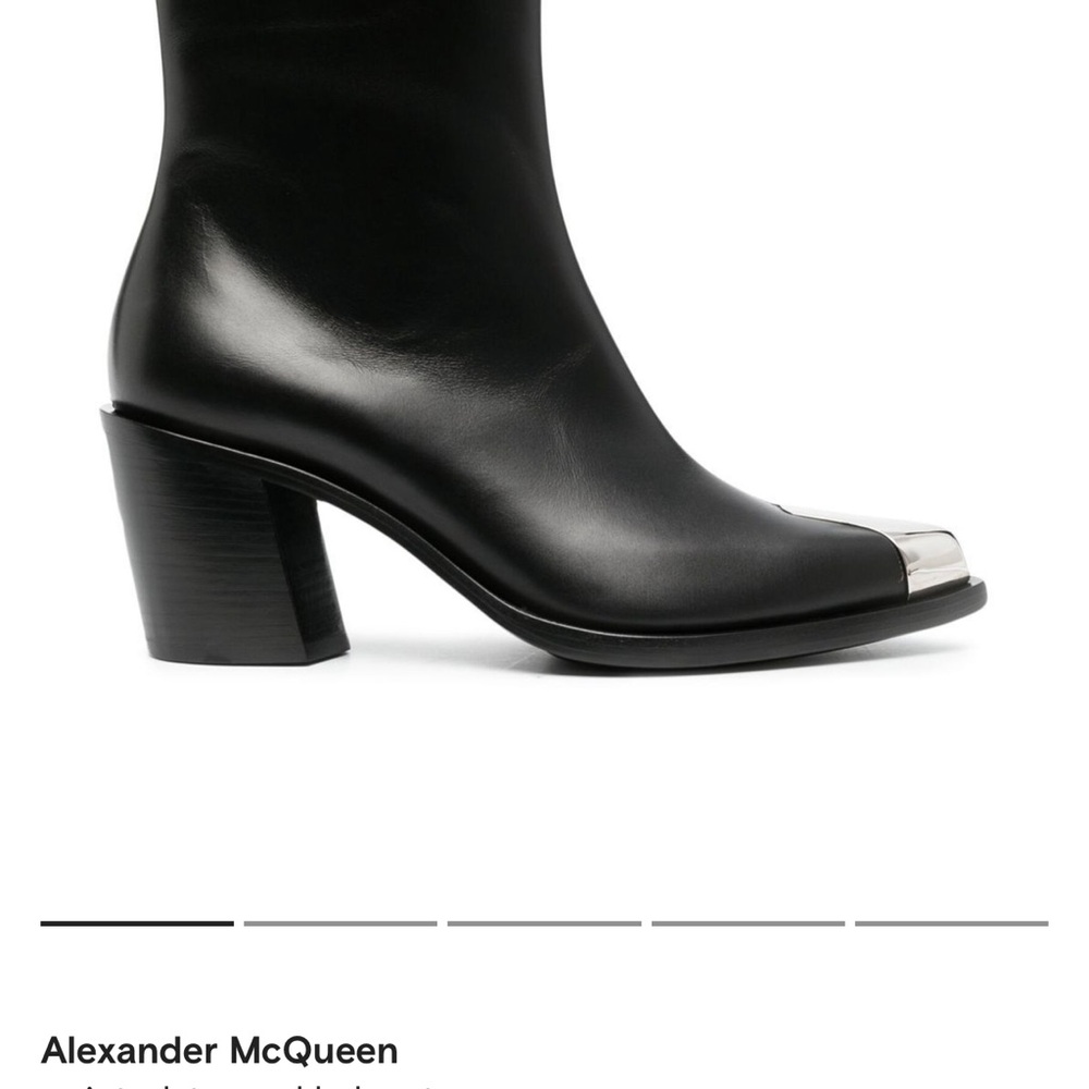 Alexander McQueen Black Leather Block Heel Boots with Silver Toe